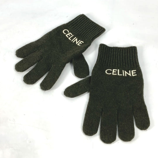 CELINE Glove 2AC55588S wool khaki logo embroidery mens S Used Authentic