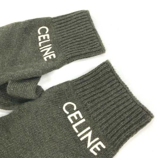 CELINE Glove 2AC55588S wool khaki logo embroidery mens S Used Authentic