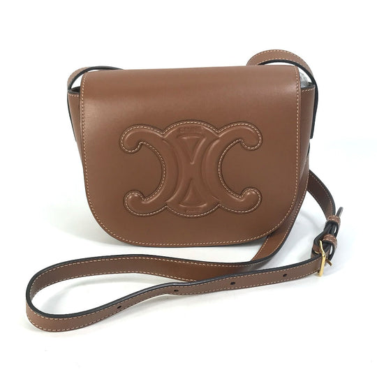 CELINE Shoulder Bag 198263DU3 leather Brown Crossbody pochette Folco Cuir Triomphe Women Used Authentic