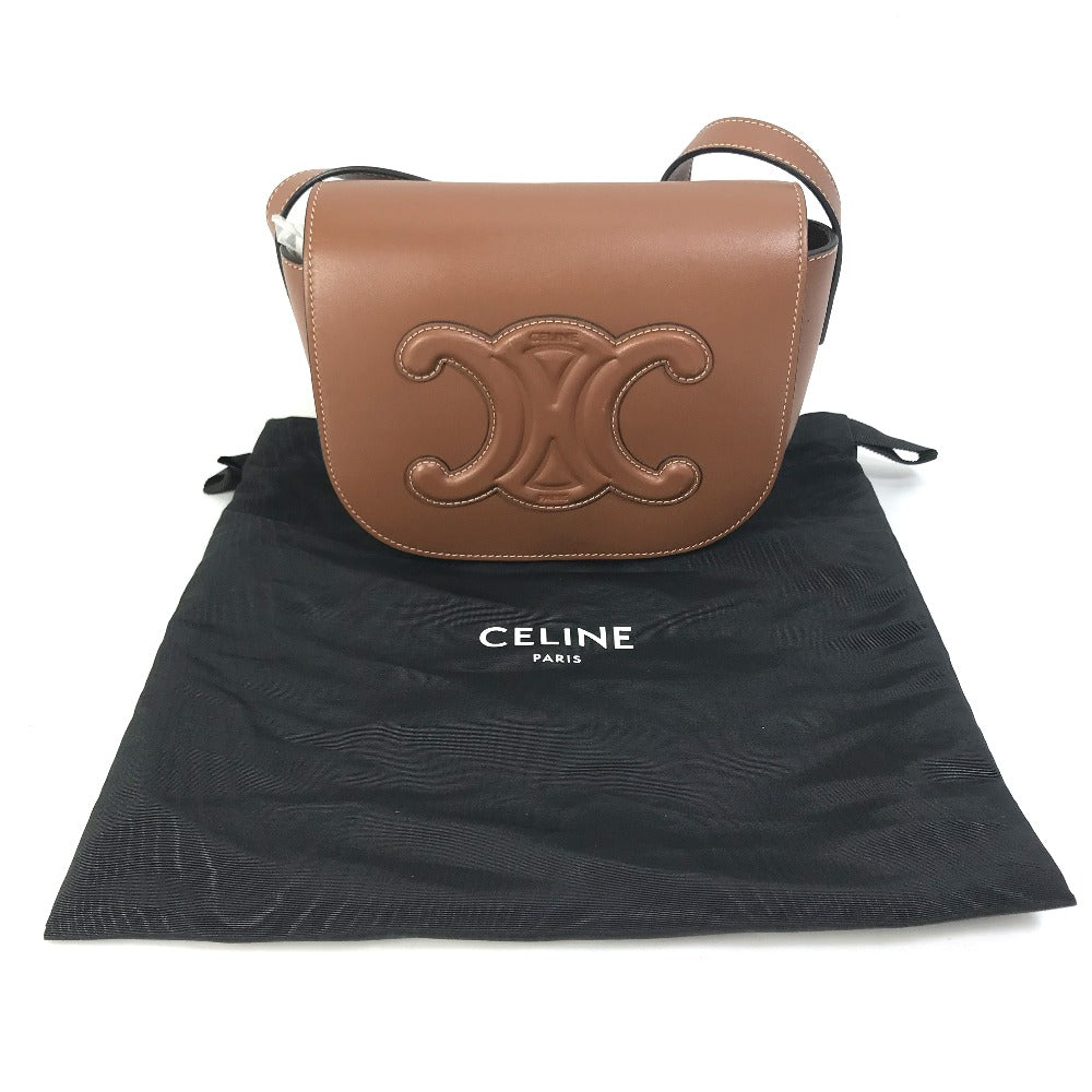 CELINE Shoulder Bag 198263DU3 leather Brown Crossbody pochette Folco Cuir Triomphe Women Used Authentic