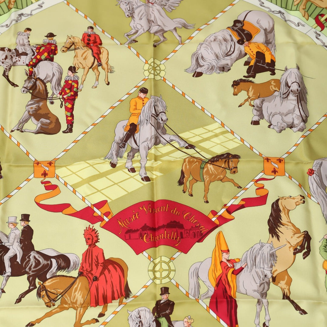 HERMES scarf silk Yellowish green Stall Chantilly Castle Horse Museum Carre90 Women Used Authentic