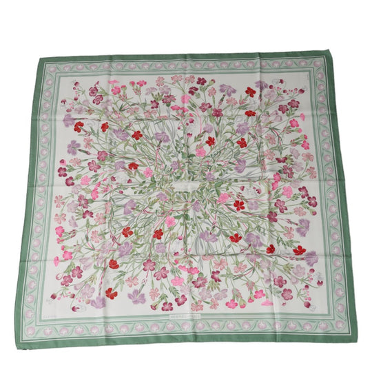 HERMES scarf silk green scarf flour wild carnations and dianthus Women Used Authentic