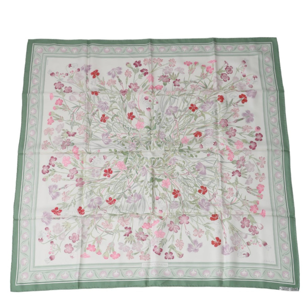 HERMES scarf silk green scarf flour wild carnations and dianthus Women Used Authentic