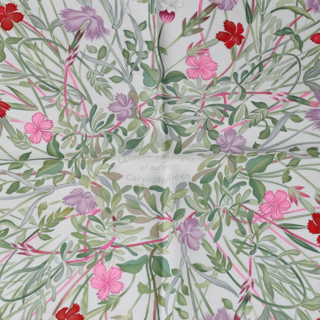 HERMES scarf silk green scarf flour wild carnations and dianthus Women Used Authentic