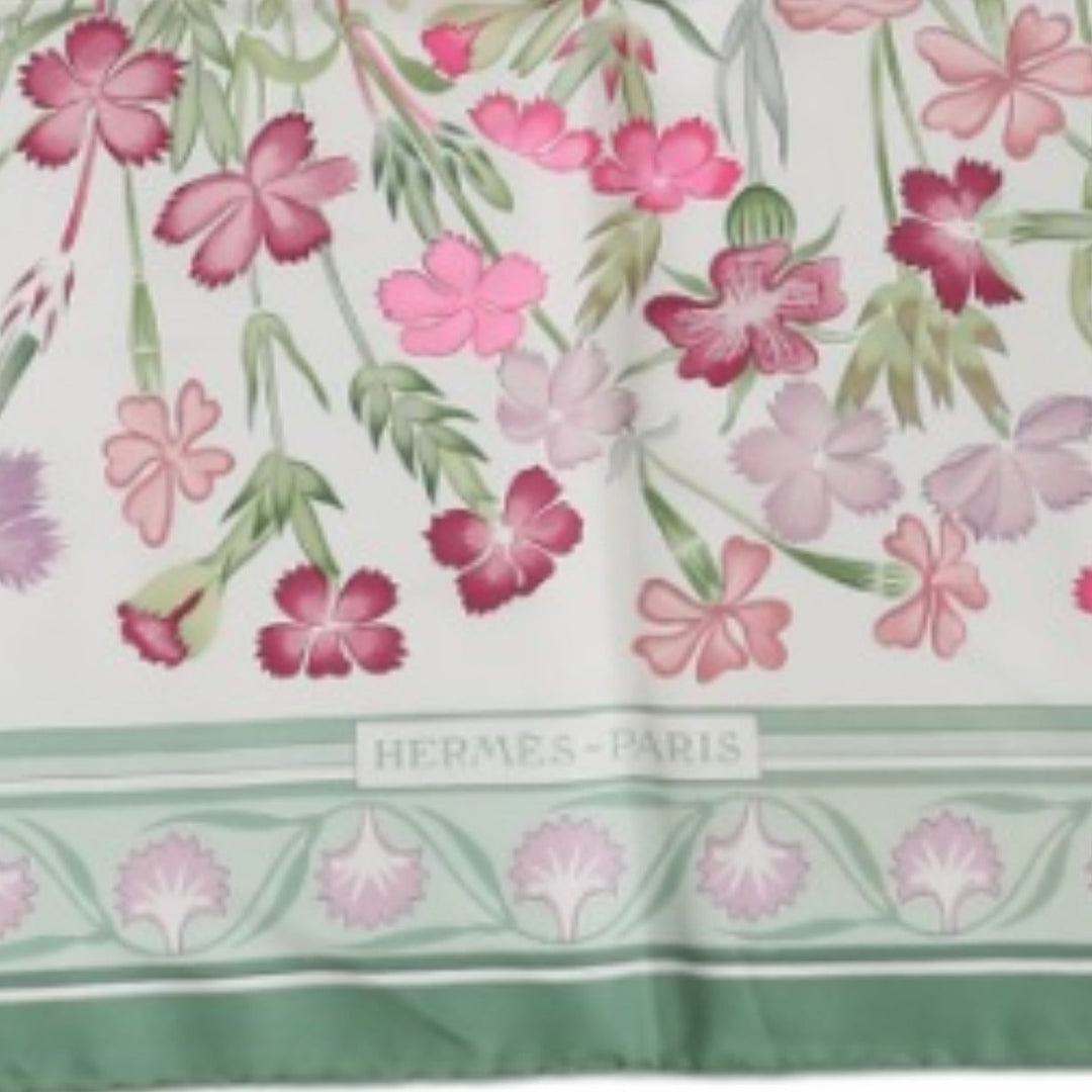 HERMES scarf silk green scarf flour wild carnations and dianthus Women Used Authentic