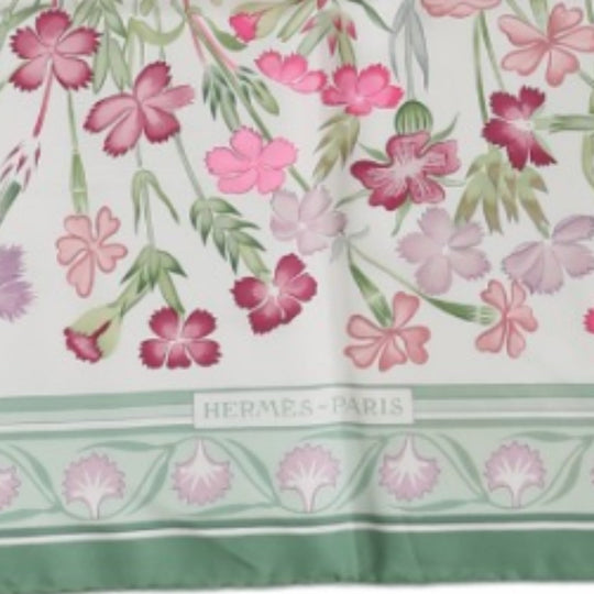 HERMES scarf silk green scarf flour wild carnations and dianthus Women Used Authentic