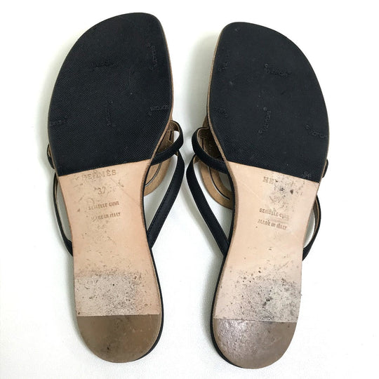 HERMES Sandals leather Beige x black x brown Chene Dunkle Women 37 Used Authentic