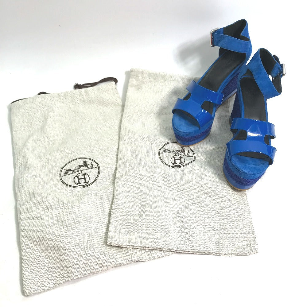 HERMES Sandals Suede, Patent Leather blue heel belt Elda Women 35 Used Authentic