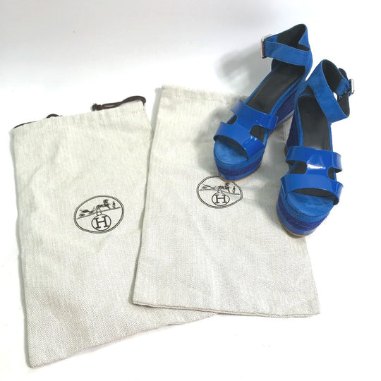 HERMES Sandals Suede, Patent Leather blue heel belt Elda Women 35 Used Authentic