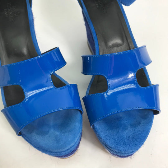 HERMES Sandals Suede, Patent Leather blue heel belt Elda Women 35 Used Authentic