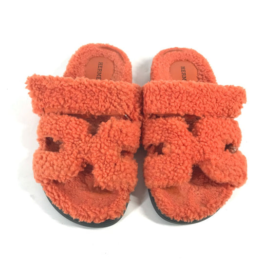 HERMES Sandals Sheepskin, Mouton Orange Fluffy H logo shoes flats Sandals "Chypre" Women 36 Used Authentic