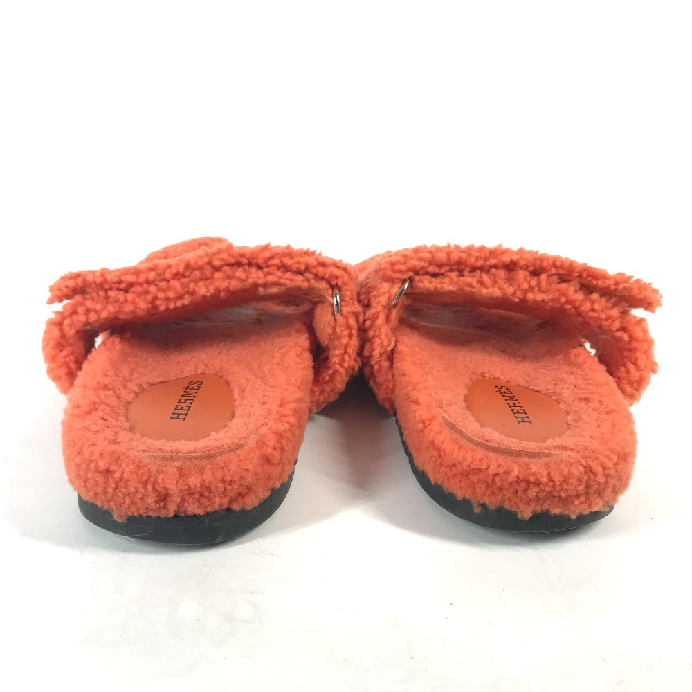 HERMES Sandals Sheepskin, Mouton Orange Fluffy H logo shoes flats Sandals "Chypre" Women 36 Used Authentic