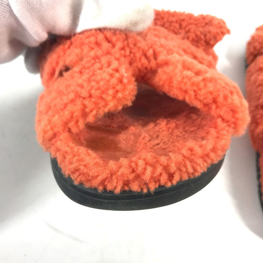 HERMES Sandals Sheepskin, Mouton Orange Fluffy H logo shoes flats Sandals "Chypre" Women 36 Used Authentic