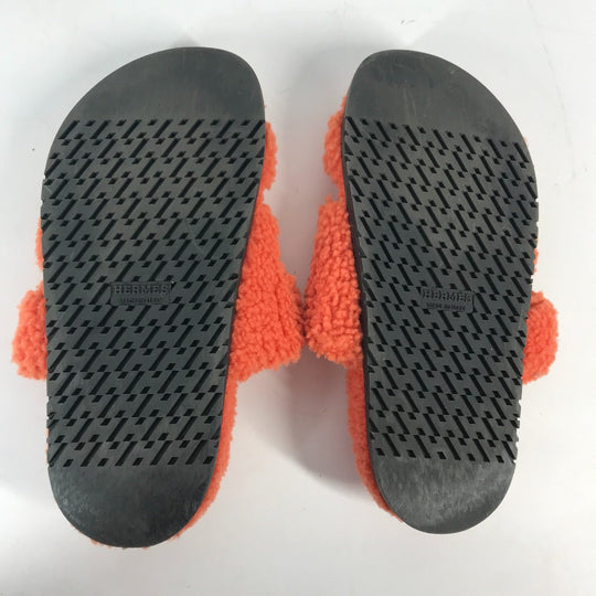 HERMES Sandals Sheepskin, Mouton Orange Fluffy H logo shoes flats Sandals "Chypre" Women 36 Used Authentic