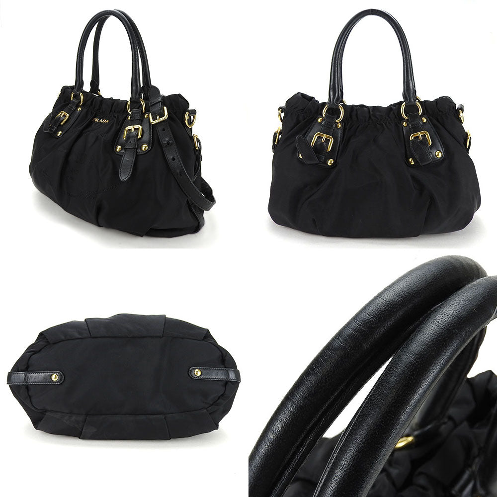 PRADA Handbag Nylon, Leather black Women Used Authentic