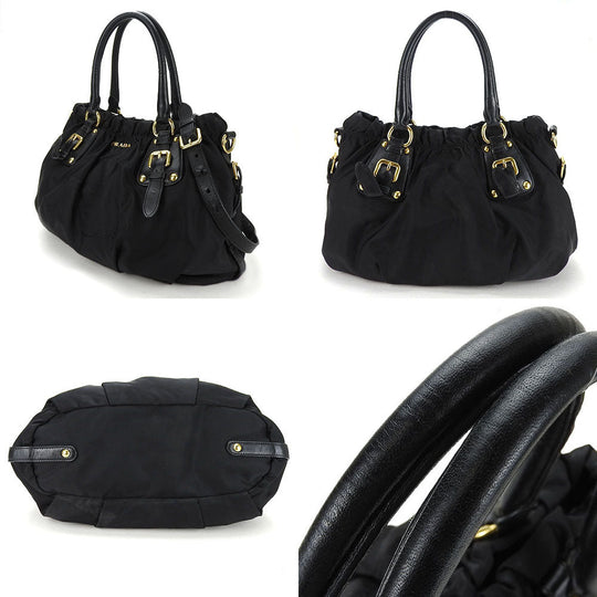 PRADA Handbag Nylon, Leather black Women Used Authentic
