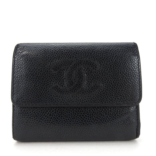 CHANEL Tri-fold wallet Caviar skin black Women Used Authentic