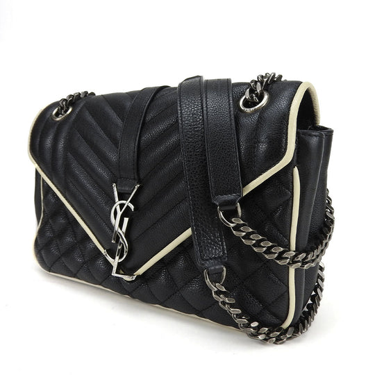 SAINT LAURENT Shoulder Bag leather black Envelope Satchel Women Used Authentic