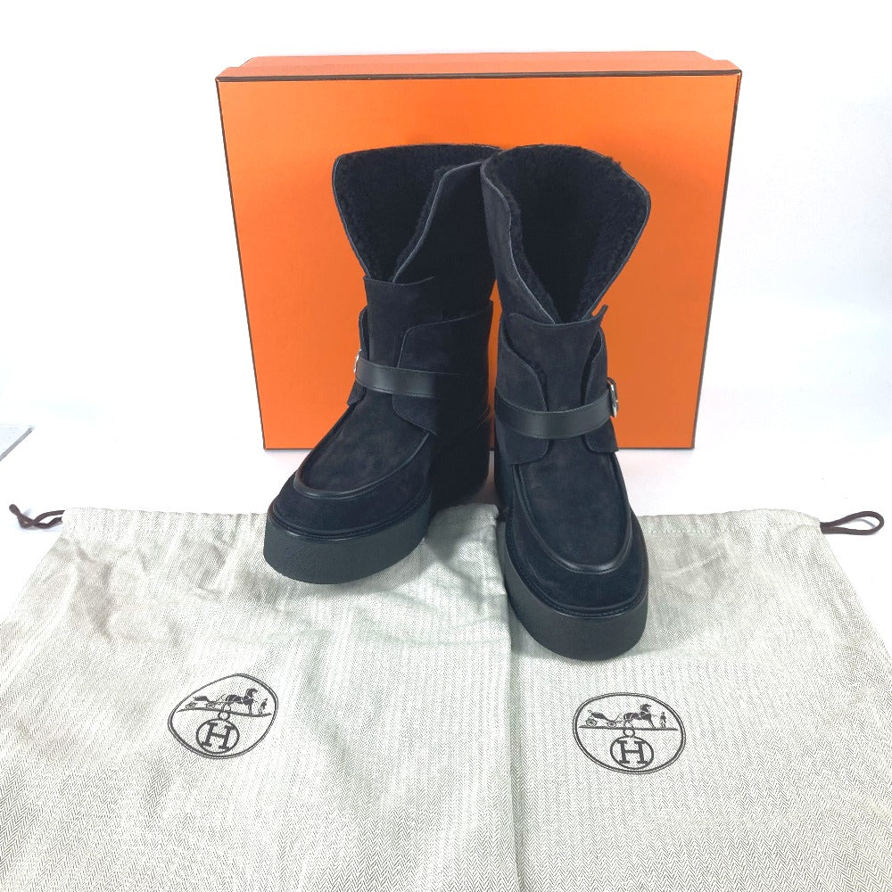 HERMES boots H232029Z Mouton, Suede black short boots Emisfer Women 38.5 Used Authentic