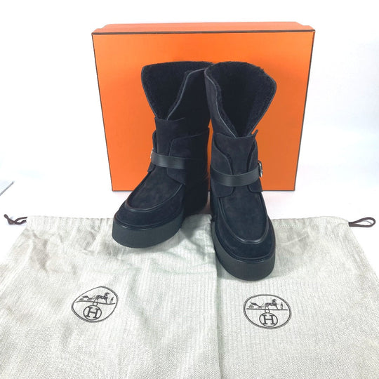HERMES boots H232029Z Mouton, Suede black short boots Emisfer Women 38.5 Used Authentic