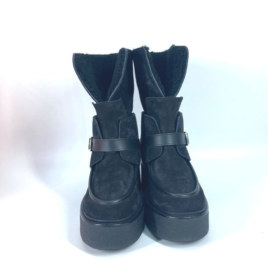 HERMES boots H232029Z Mouton, Suede black short boots Emisfer Women 38.5 Used Authentic