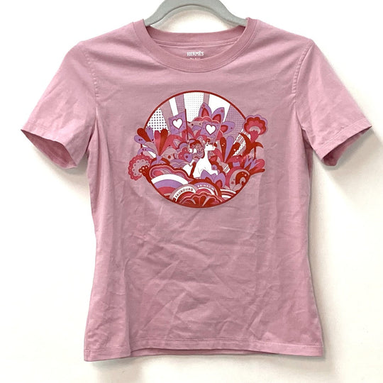 HERMES Short sleeve T-shirt cotton pink 22Stainless Steel cartouche Women 36 Used Authentic