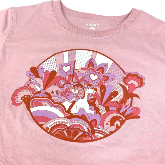 HERMES Short sleeve T-shirt cotton pink 22Stainless Steel cartouche Women 36 Used Authentic
