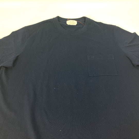 HERMES Short sleeve T-shirt cotton Navy Tops Apparel H embroidery mens XXL Used Authentic