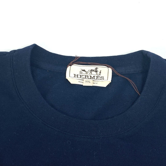 HERMES Short sleeve T-shirt cotton Navy Tops Apparel H embroidery mens XXL Used Authentic