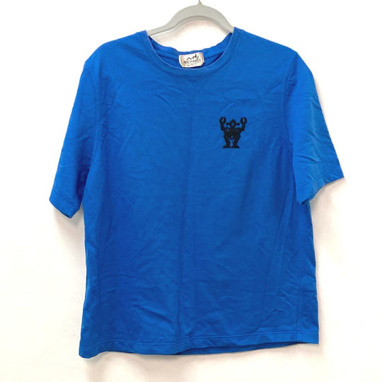HERMES Short sleeve T-shirt cotton blue Hello Mr. Falier Patch mens M Used Authentic