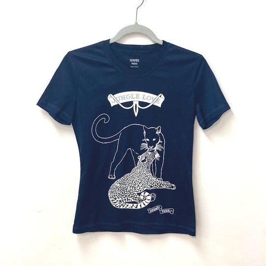 HERMES Short sleeve T-shirt cotton Navy leopard leopard leopard Jungle Love logo Women 34 Used Authentic