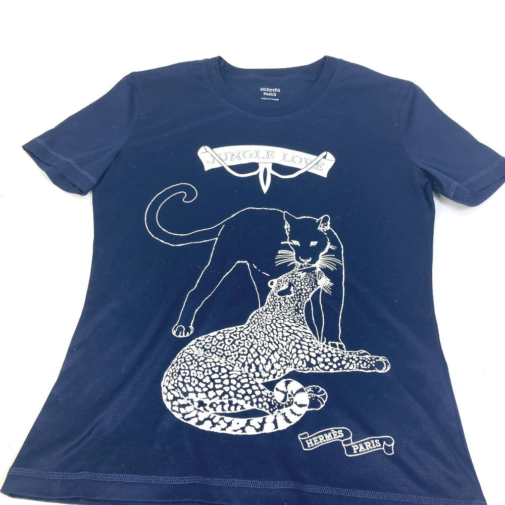 HERMES Short sleeve T-shirt cotton Navy leopard leopard leopard Jungle Love logo Women 34 Used Authentic