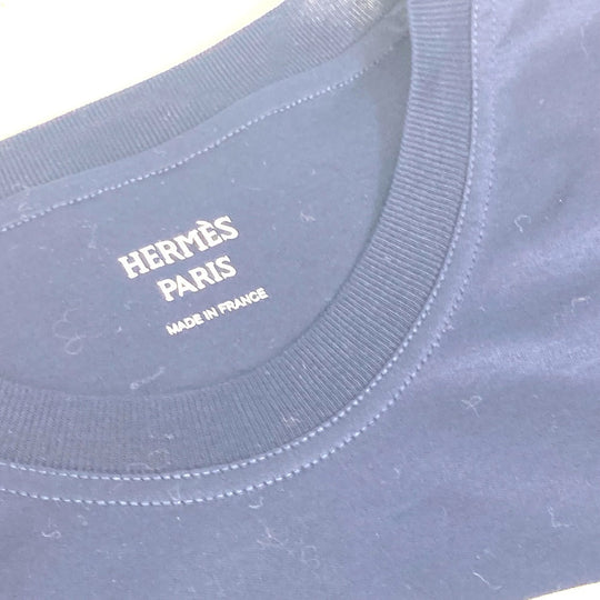 HERMES Short sleeve T-shirt cotton Navy leopard leopard leopard Jungle Love logo Women 34 Used Authentic
