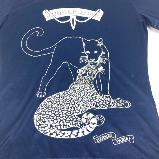HERMES Short sleeve T-shirt cotton Navy leopard leopard leopard Jungle Love logo Women 34 Used Authentic