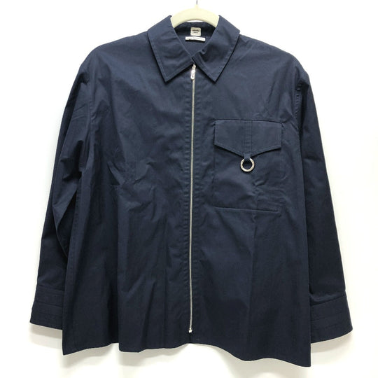 HERMES Long sleeve shirt cotton Navy 23 Stainless Steel Serie Button Zip up Women 34 Used Authentic