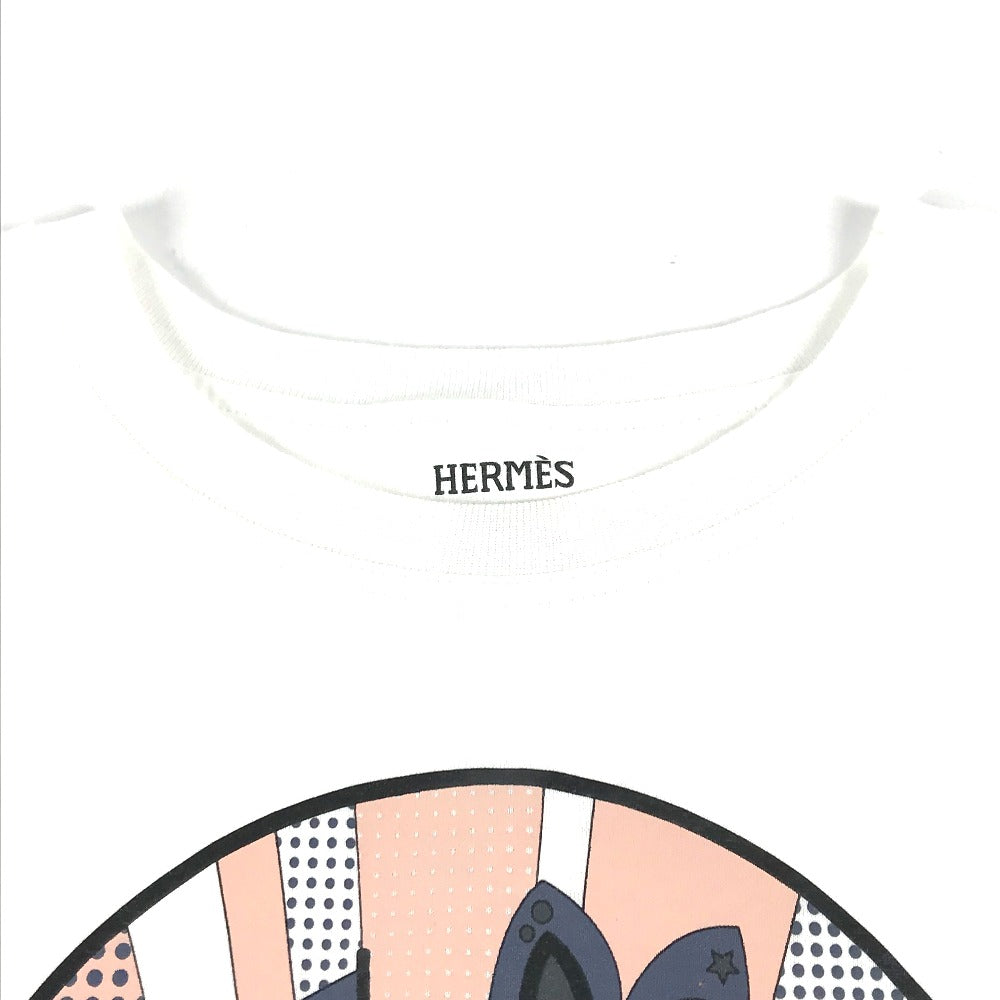HERMES Short sleeve T-shirt cotton white logo Microcartouche Women 38 Used Authentic