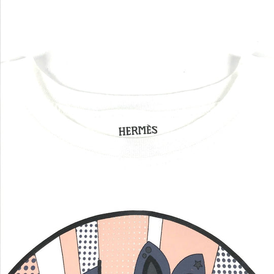 HERMES Short sleeve T-shirt cotton white logo Microcartouche Women 38 Used Authentic
