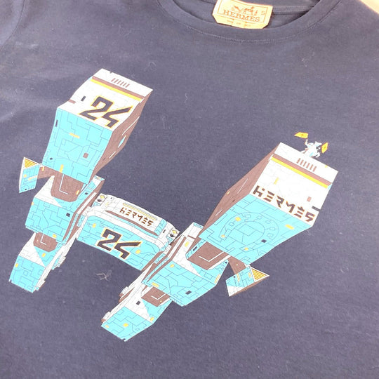 HERMES Short sleeve T-shirt cotton Navy logo IMPRIME HERMES ODYSEE XS