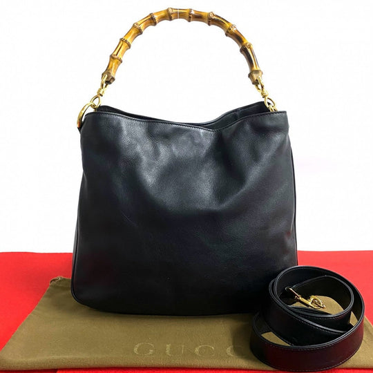GUCCI Shoulder Bag leather black Bamboo