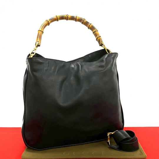 GUCCI Shoulder Bag leather black Bamboo