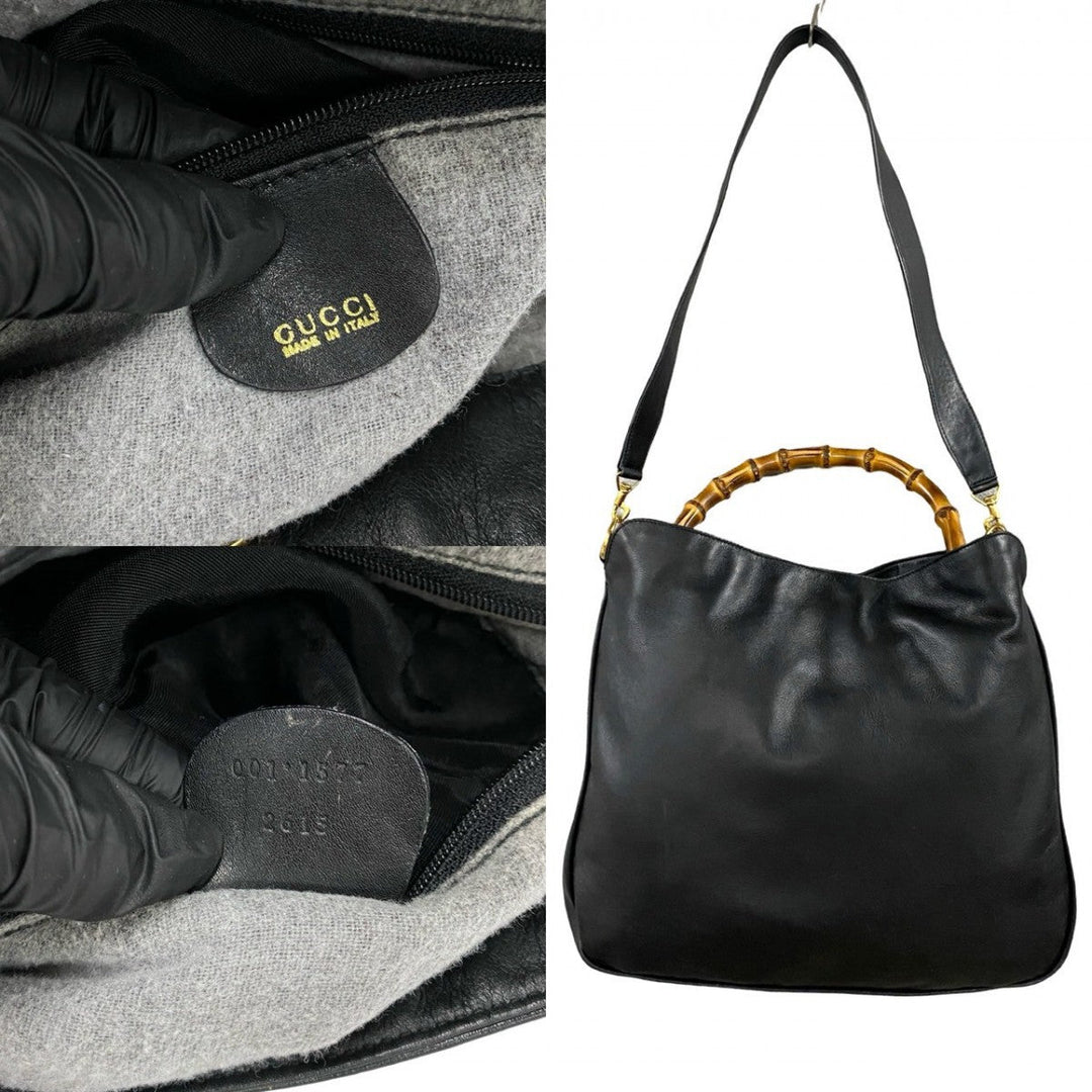GUCCI Shoulder Bag leather black Bamboo