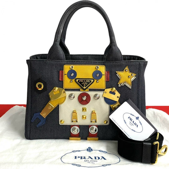 PRADA Shoulder Bag denim Navy Canapa Robot
