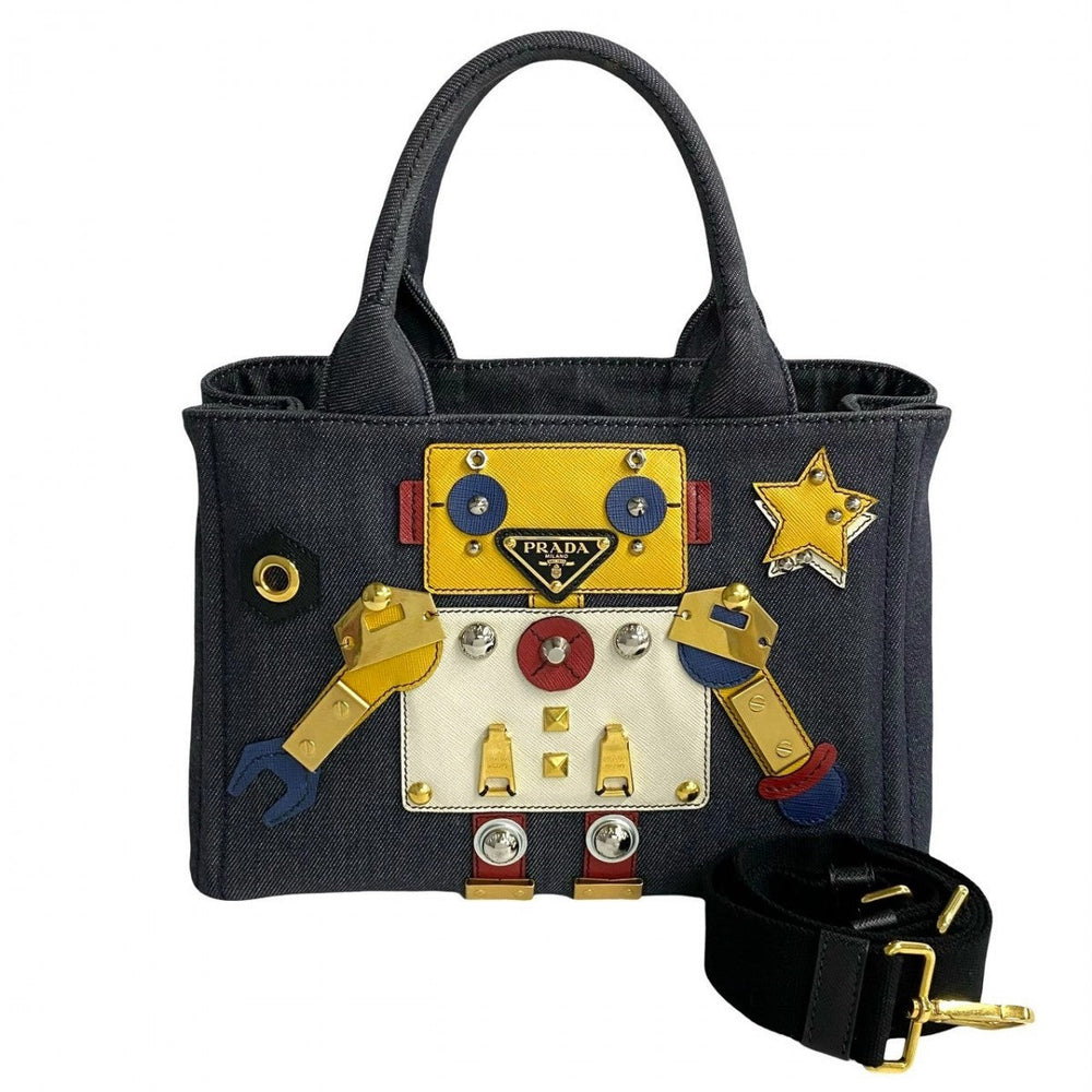 PRADA Shoulder Bag denim Navy Canapa Robot