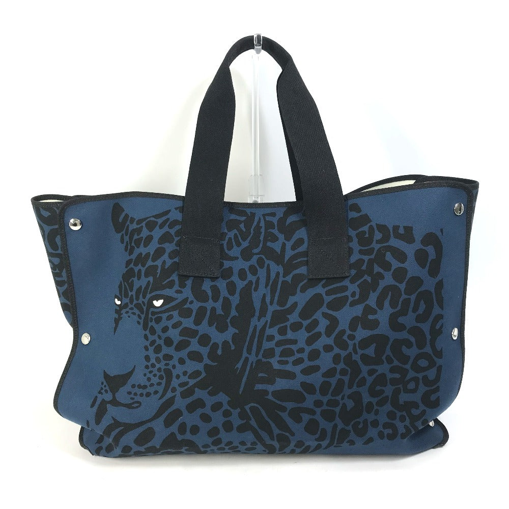 HERMES Tote Bag canvas Navy Shoulder Bag Shoulder Bag Leopard leopard leopard Women Used Authentic