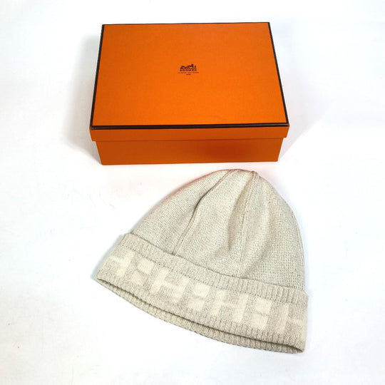 HERMES Knit hat cashmere Beige type apparel Glitter logo Women LA Used Authentic