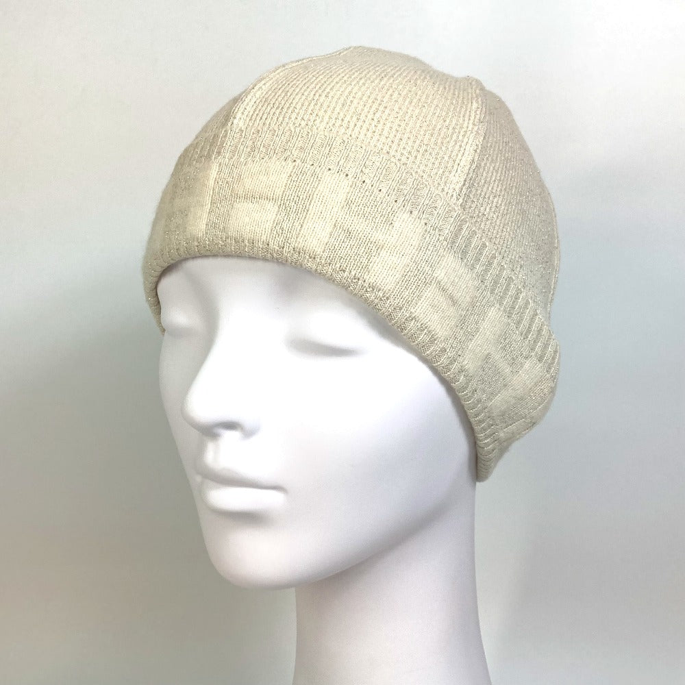 HERMES Knit hat cashmere Beige type apparel Glitter logo Women LA Used Authentic