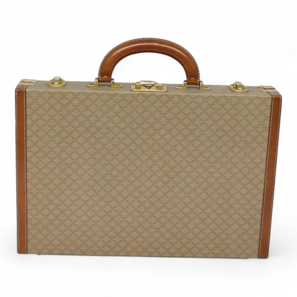 Celine Macadam Canvas Attache Case Beige Brown Gold Trunk Style Vintage Briefcase
