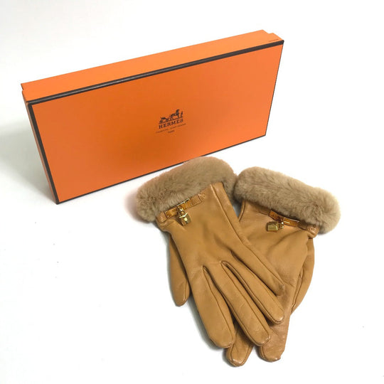 HERMES Glove leather Beige type Cadena Charm Princess Women 6.5 Used Authentic