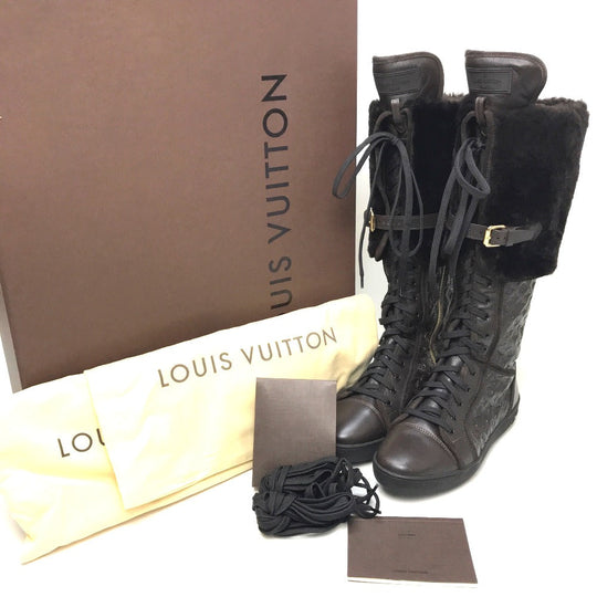 LOUIS VUITTON boots leather Brown polka LV embossing Women 35.5 Used Authentic