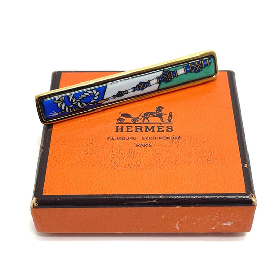 HERMES Brooch metal gold Treasure grilled emaille Women Used Authentic